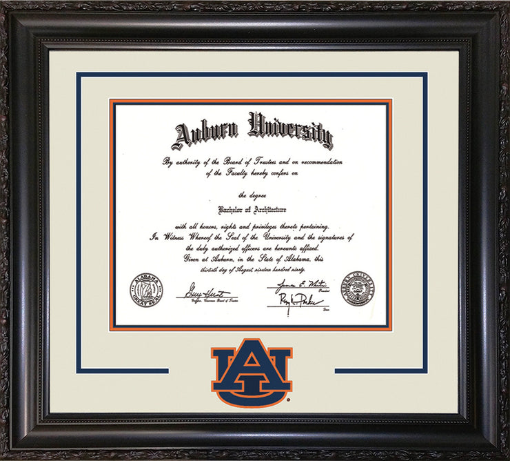 Image of Auburn University Diploma Frame - Vintage Black Scoop - w/Laser AU Logo Cutout - Cream on Navy on Orange mat