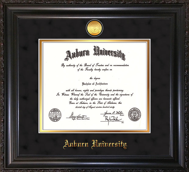 Image of Auburn University Diploma Frame - Vintage Black Scoop - w/24k Gold-plated Medallion - Black Suede on Gold mat