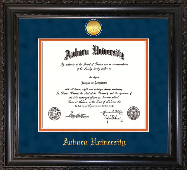 Image of Auburn University Diploma Frame - Vintage Black Scoop - w/24k Gold-plated Medallion - Navy Suede on Orange mat