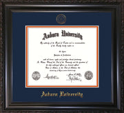 Image of Auburn University Diploma Frame - Vintage Black Scoop - w/Embossed Seal & Name - Navy on Orange mat