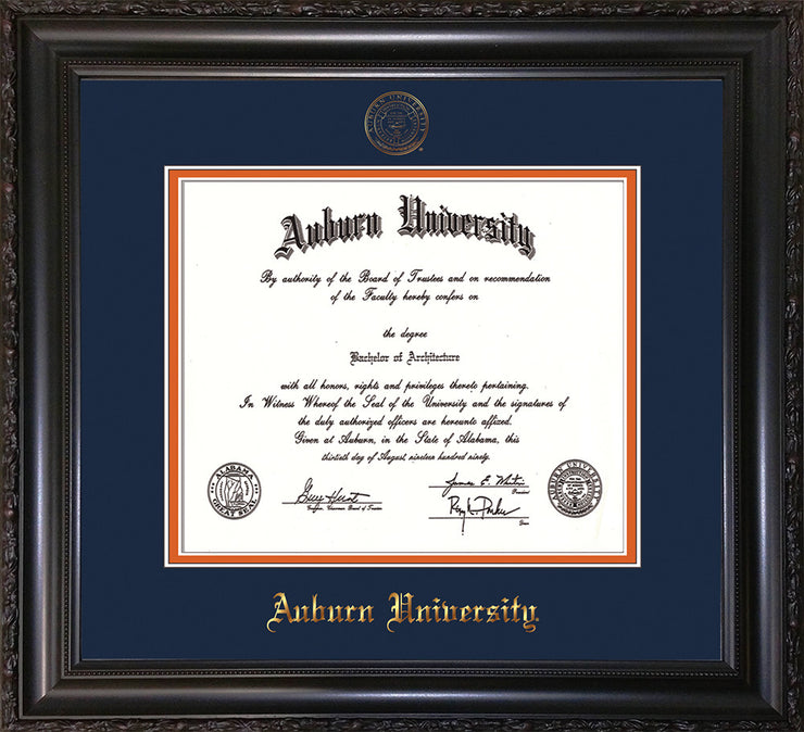Image of Auburn University Diploma Frame - Vintage Black Scoop - w/Embossed Seal & Name - Navy on Orange mat