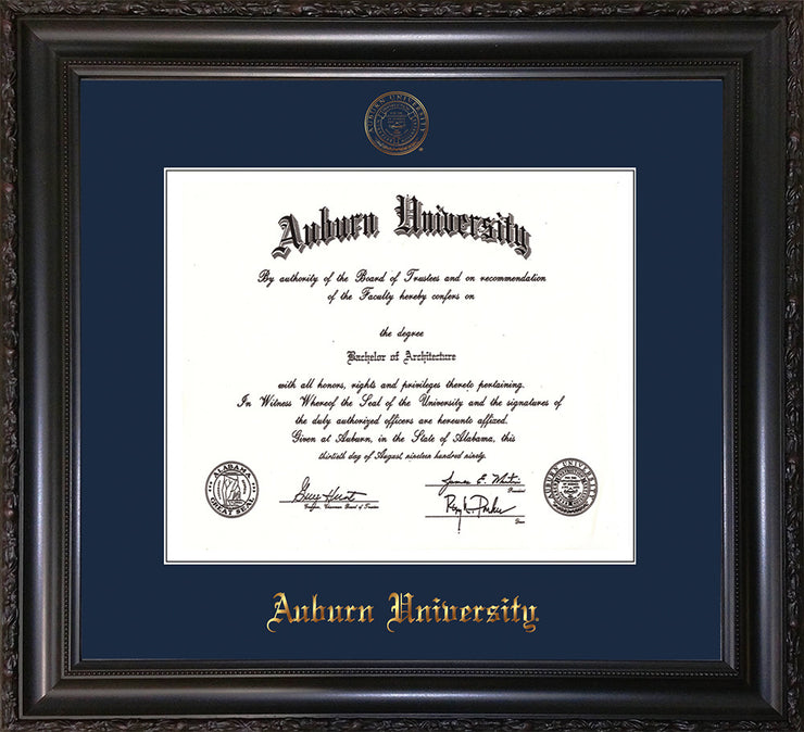 Image of Auburn University Diploma Frame - Vintage Black Scoop - w/Embossed Seal & Name - Single Navy Mat