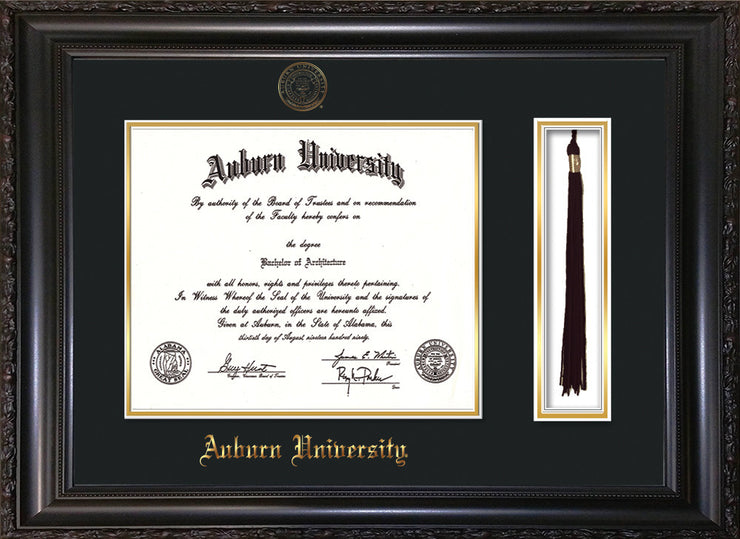 Image of Auburn University Diploma Frame - Vintage Black Scoop - w/Embossed Seal & Name - Tassel Holder - Black on Gold mat