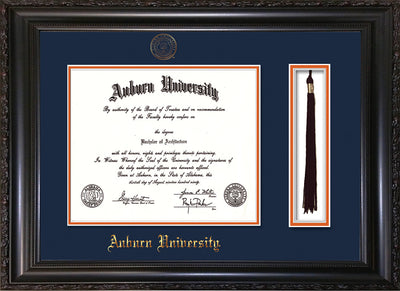 Image of Auburn University Diploma Frame - Vintage Black Scoop - w/Embossed Seal & Name - Tassel Holder - Navy on Orange mat