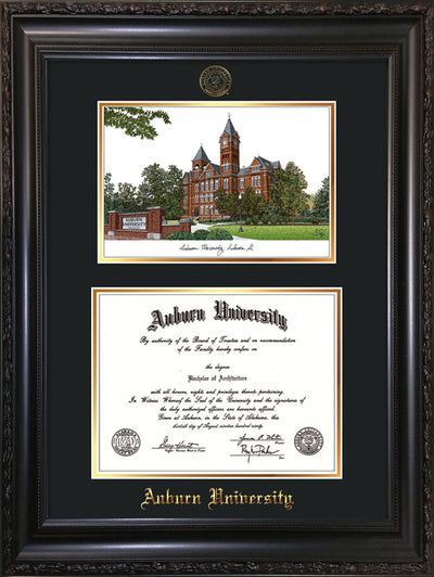 Image of Auburn University Diploma Frame - Vintage Black Scoop - w/Embossed Seal & Name - Campus Watercolor - Black on Gold mat