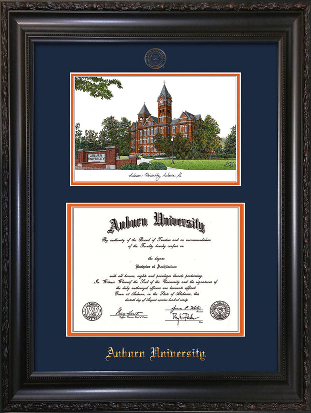 Image of Auburn University Diploma Frame - Vintage Black Scoop - w/Embossed Seal & Name - Campus Watercolor - Navy on Orange mat