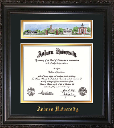 Image of Auburn University Diploma Frame - Vintage Black Scoop - w/Embossed School Name Only - Campus Collage - Black on Gold mat