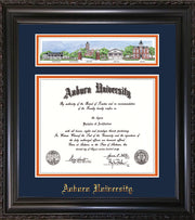 Image of Auburn University Diploma Frame - Vintage Black Scoop - w/Embossed School Name Only - Campus Collage - Navy on Orange mat