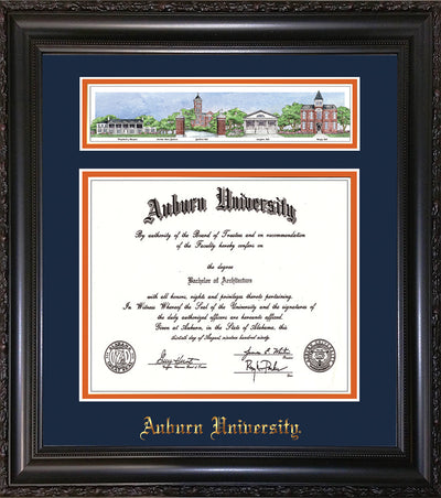 Image of Auburn University Diploma Frame - Vintage Black Scoop - w/Embossed School Name Only - Campus Collage - Navy on Orange mat