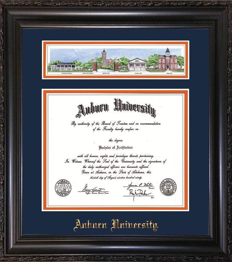 Image of Auburn University Diploma Frame - Vintage Black Scoop - w/Embossed School Name Only - Campus Collage - Navy on Orange mat