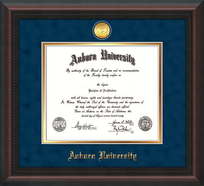 Image of Auburn University Diploma Frame - Mahogany Braid - w/24k Gold-plated Medallion - Navy Suede on Gold mat