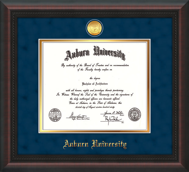 Image of Auburn University Diploma Frame - Mahogany Braid - w/24k Gold-plated Medallion - Navy Suede on Gold mat