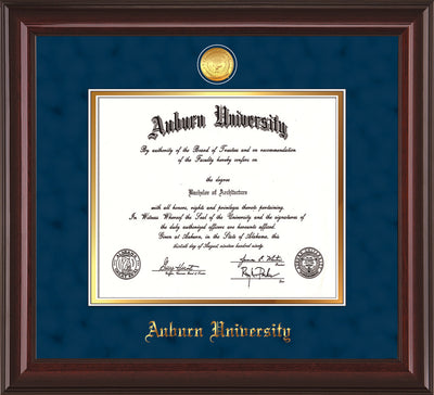 Image of Auburn University Diploma Frame - Mahogany Lacquer - w/24k Gold-plated Medallion - Navy Suede on Gold mat