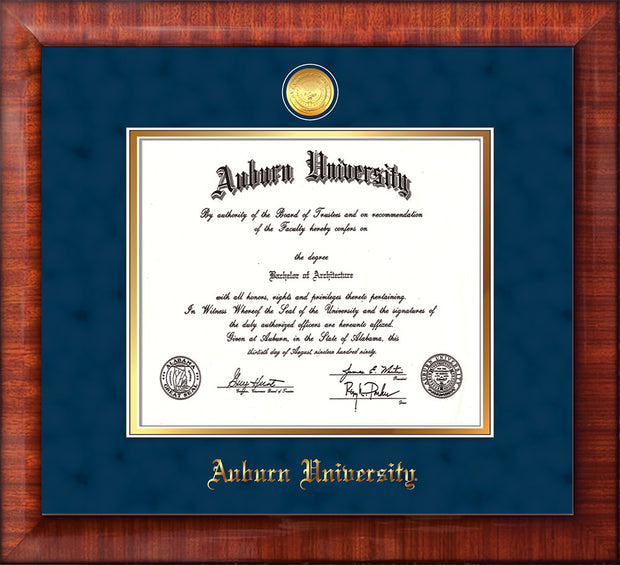 Image of Auburn University Diploma Frame - Mezzo Gloss - w/24k Gold-plated Medallion - Navy Suede on Gold mat