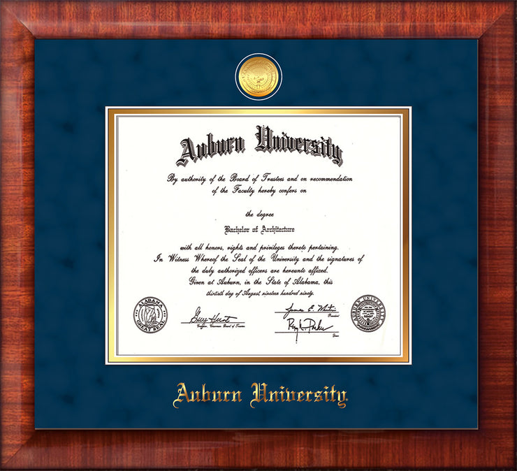 Image of Auburn University Diploma Frame - Mezzo Gloss - w/24k Gold-plated Medallion - Navy Suede on Gold mat
