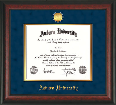 Image of Auburn University Diploma Frame - Rosewood - w/24k Gold-plated Medallion - Navy Suede on Gold mat