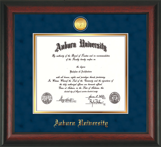 Image of Auburn University Diploma Frame - Rosewood - w/24k Gold-plated Medallion - Navy Suede on Gold mat