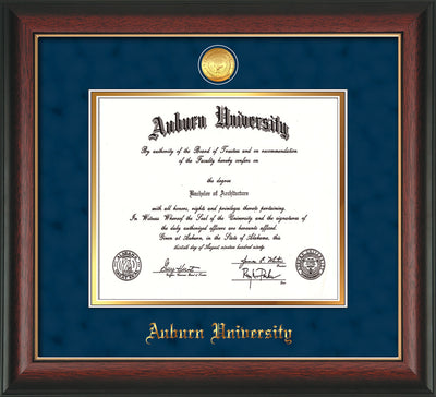 Image of Auburn University Diploma Frame - Rosewood w/Gold Lip - w/24k Gold-plated Medallion - Navy Suede on Gold mat