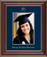 Image of Georgia Southern 5 x 7 Photo Frame  - Cherry Lacquer - w/Official Embossing of GSOU Seal & Name - Single Navy mat