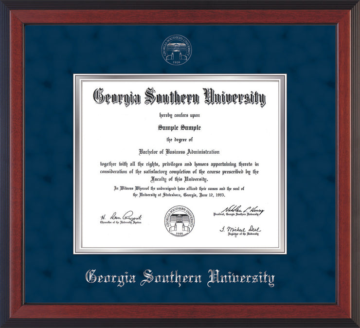 Image of Georgia Southern University Diploma Frame - Cherry Reverse - w/Silver Embossed Seal & Name - Navy Suede on Silver mat