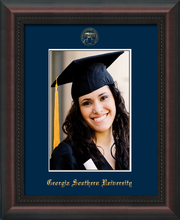 Image of Georgia Southern 5 x 7 Photo Frame - Mahogany Braid - w/Official Embossing of GSOU Seal & Name - Single Navy mat