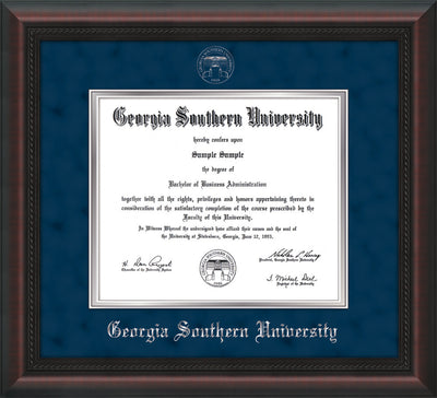 Image of Georgia Southern University Diploma Frame - Mahogany Braid - w/Silver Embossed Seal & Name - Navy Suede on Silver mat