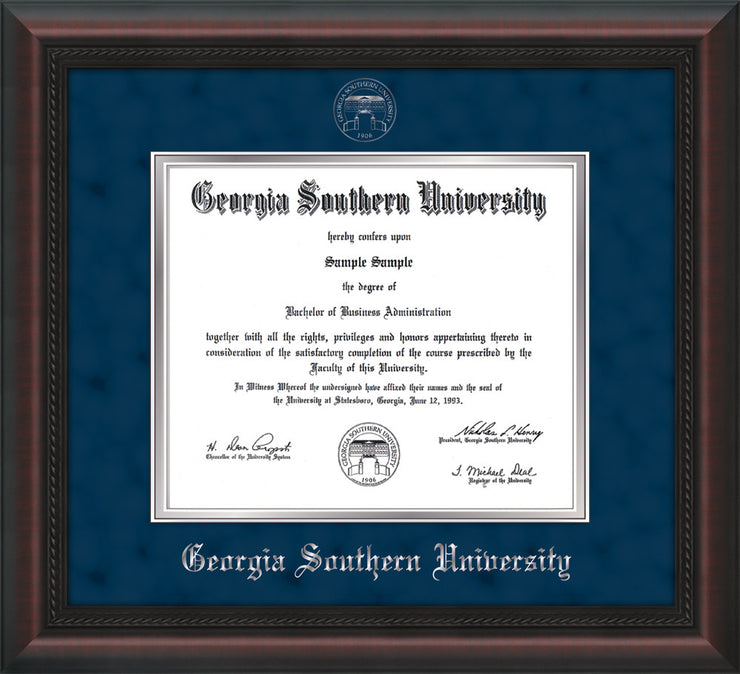 Image of Georgia Southern University Diploma Frame - Mahogany Braid - w/Silver Embossed Seal & Name - Navy Suede on Silver mat