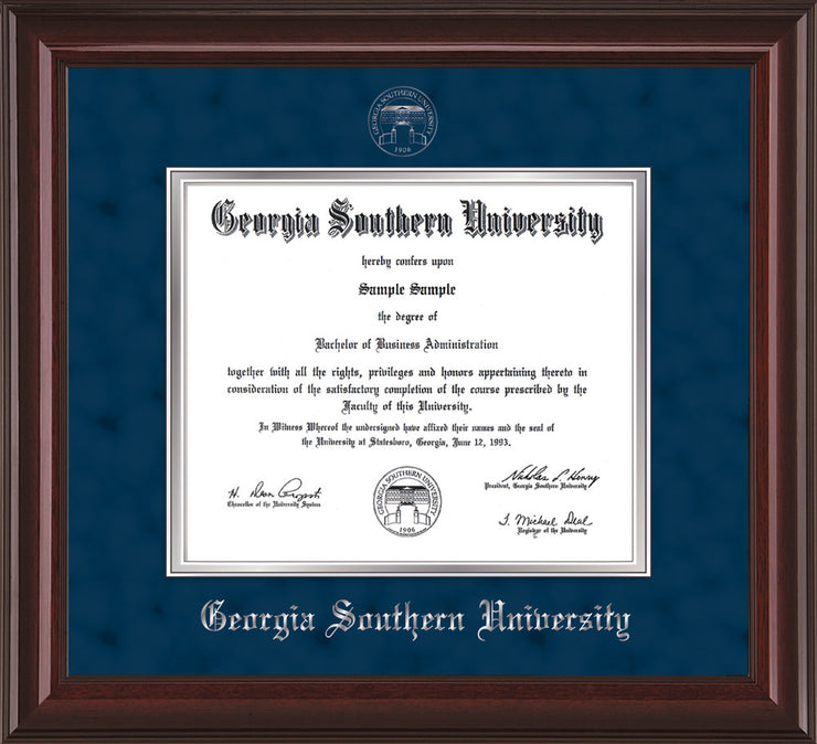 Image of Georgia Southern University Diploma Frame - Mahogany Lacquer - w/Silver Embossed Seal & Name - Navy Suede on Silver mat