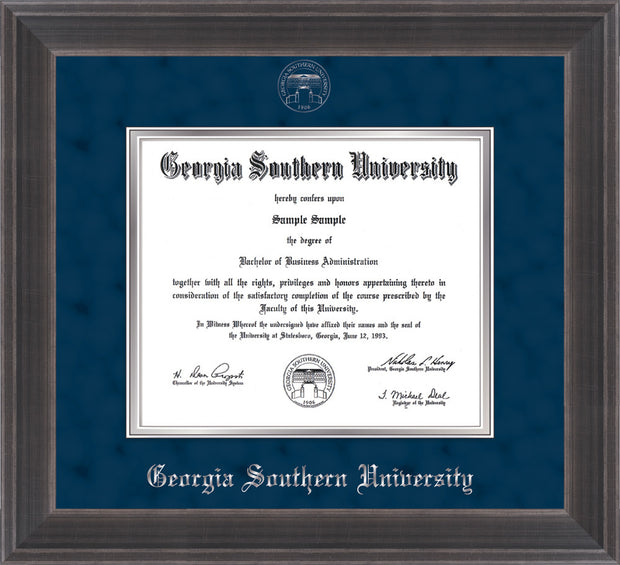 Image of Georgia Southern University Diploma Frame - Metro Antique Pewter Double - w/Silver Embossed Seal & Name - Navy Suede on Silver mat