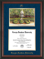 Image of Georgia Southern University Diploma Frame - Rosewood - w/Embossed Seal & Name - Watercolor - Navy Suede on Gold mat