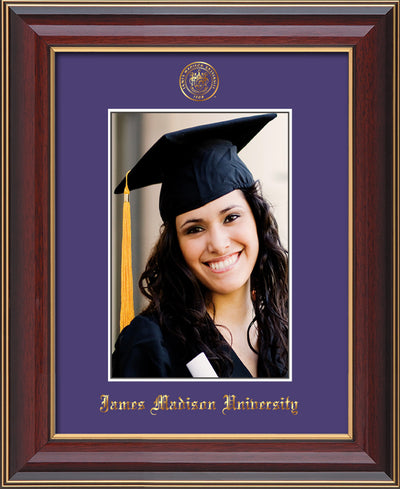 Image of James Madison University 5 x 7 Photo Frame - Cherry Lacquer - w/Official Embossing of JMU Seal & Name - Single Purple mat