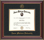 Image of James Madison University Diploma Frame - Cherry Lacquer - w/Embossed Seal & Name - Black Suede on Gold mat