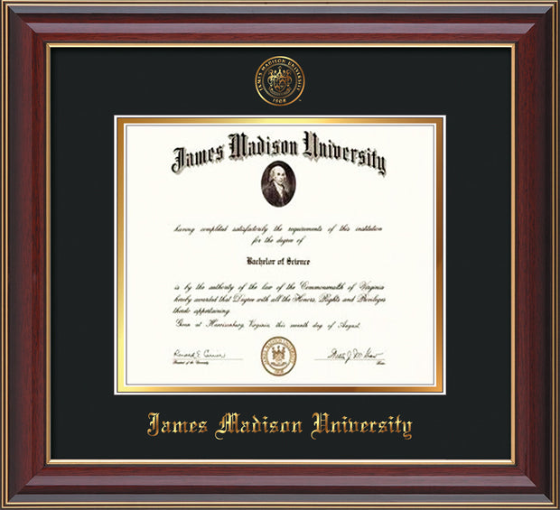 Image of James Madison University Diploma Frame - Cherry Lacquer - w/Embossed Seal & Name - Black on Gold mat