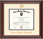 Image of James Madison University Diploma Frame - Cherry Lacquer - w/Embossed Seal & Name - Cream on Black mat