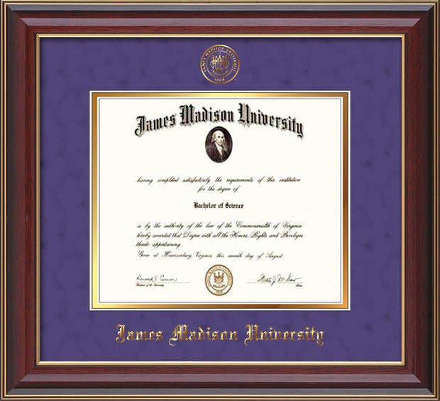 Image of James Madison University Diploma Frame - Cherry Lacquer - w/Embossed Seal & Name - Purple Suede on Gold mat