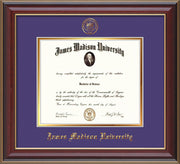 Image of James Madison University Diploma Frame - Cherry Lacquer - w/Embossed Seal & Name - Purple on Gold mat