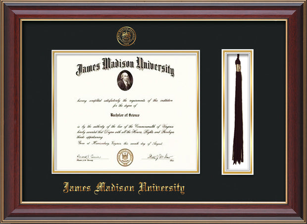 Image of James Madison University Diploma Frame - Cherry Lacquer - w/Embossed Seal & Name - Tassel Holder - Black on Gold mat