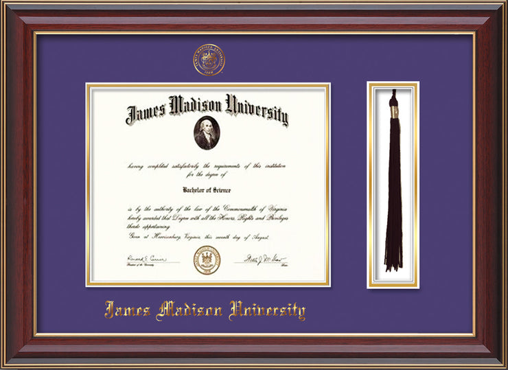 Image of James Madison University Diploma Frame - Cherry Lacquer - w/Embossed Seal & Name - Tassel Holder - Purple on Gold mat