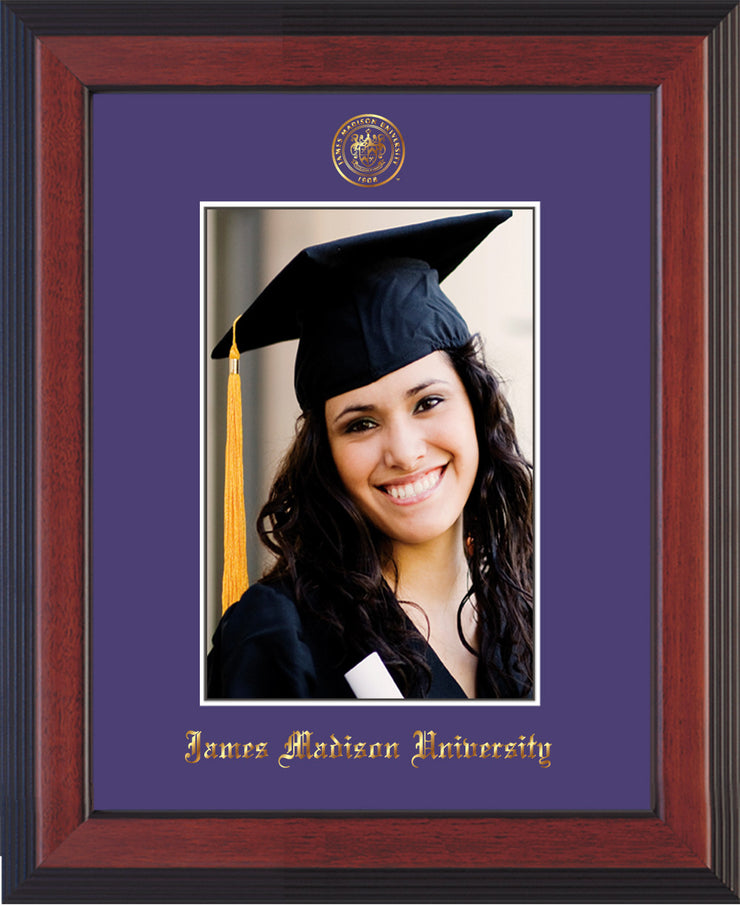 Image of James Madison University 5 x 7 Photo Frame - Cherry Reverse - w/Official Embossing of JMU Seal & Name - Single Purple mat