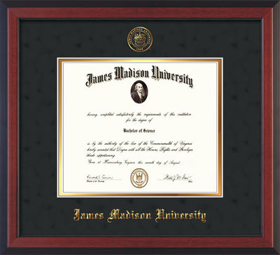 Image of James Madison University Diploma Frame - Cherry Reverse - w/Embossed Seal & Name - Black Suede on Gold mat