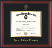 Image of James Madison University Diploma Frame - Cherry Reverse - w/Embossed Seal & Name - Black on Gold mat