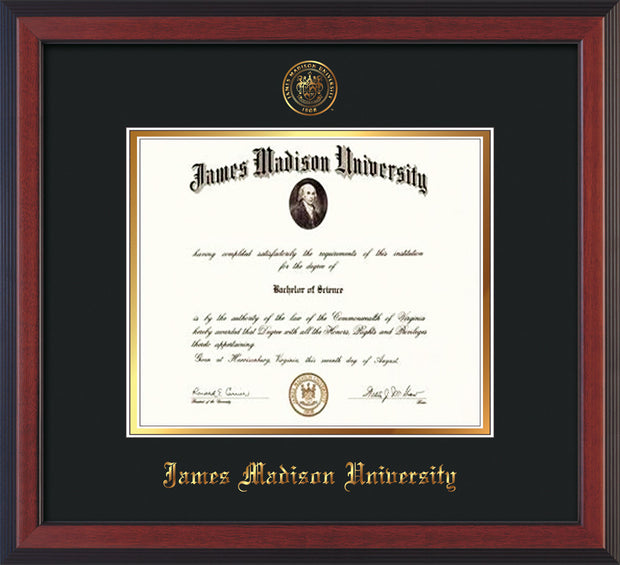 Image of James Madison University Diploma Frame - Cherry Reverse - w/Embossed Seal & Name - Black on Gold mat