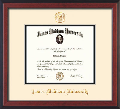 Image of James Madison University Diploma Frame - Cherry Reverse - w/Embossed Seal & Name - Cream on Black mat