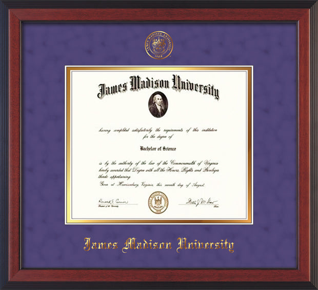 Image of ames Madison University Diploma Frame - Cherry Reverse - w/Embossed Seal & Name - Purple Suede on Gold mat