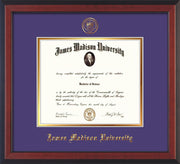 Image of James Madison University Diploma Frame - Cherry Reverse - w/Embossed Seal & Name - Purple on Gold mat