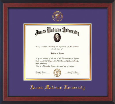 Image of James Madison University Diploma Frame - Cherry Reverse - w/Embossed Seal & Name - Purple on Gold mat