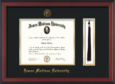 Image of James Madison University Diploma Frame - Cherry Reverse - w/Embossed Seal & Name - Tassel Holder - Black on Gold mat