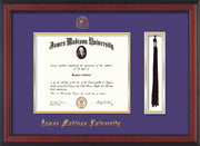 Image of James Madison University Diploma Frame - Cherry Reverse - w/Embossed Seal & Name - Tassel Holder - Purple on Gold mat