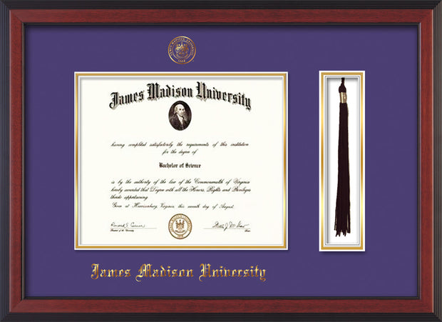 Image of James Madison University Diploma Frame - Cherry Reverse - w/Embossed Seal & Name - Tassel Holder - Purple on Gold mat