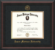 Image of James Madison University Diploma Frame - Mahogany Braid - w/Embossed Seal & Name - Black Suede on Gold mat